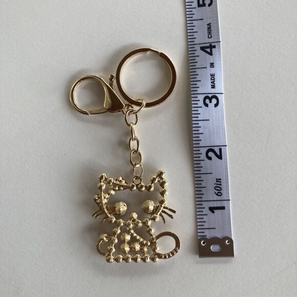 Sparkly Cat Keychain Purse Charm Gold Pearl Rhinestone Kitty Bag Accessory Gift - Picture 4 of 4